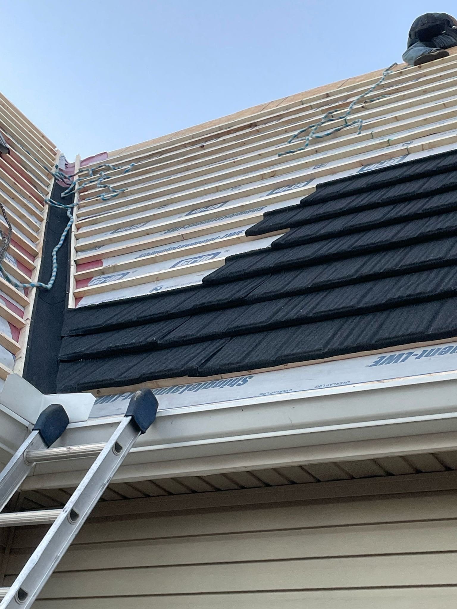 New seamless gutter and fascia detail with a ladder set against the eave
